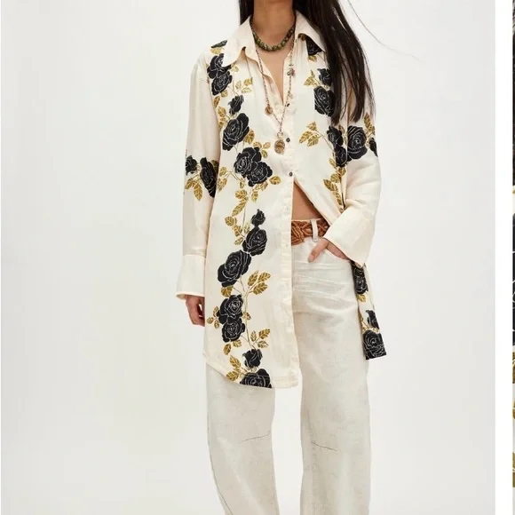 Free People Cream Button-Up Shirt with Black and Gold Rose Print - Picture 1 of 4